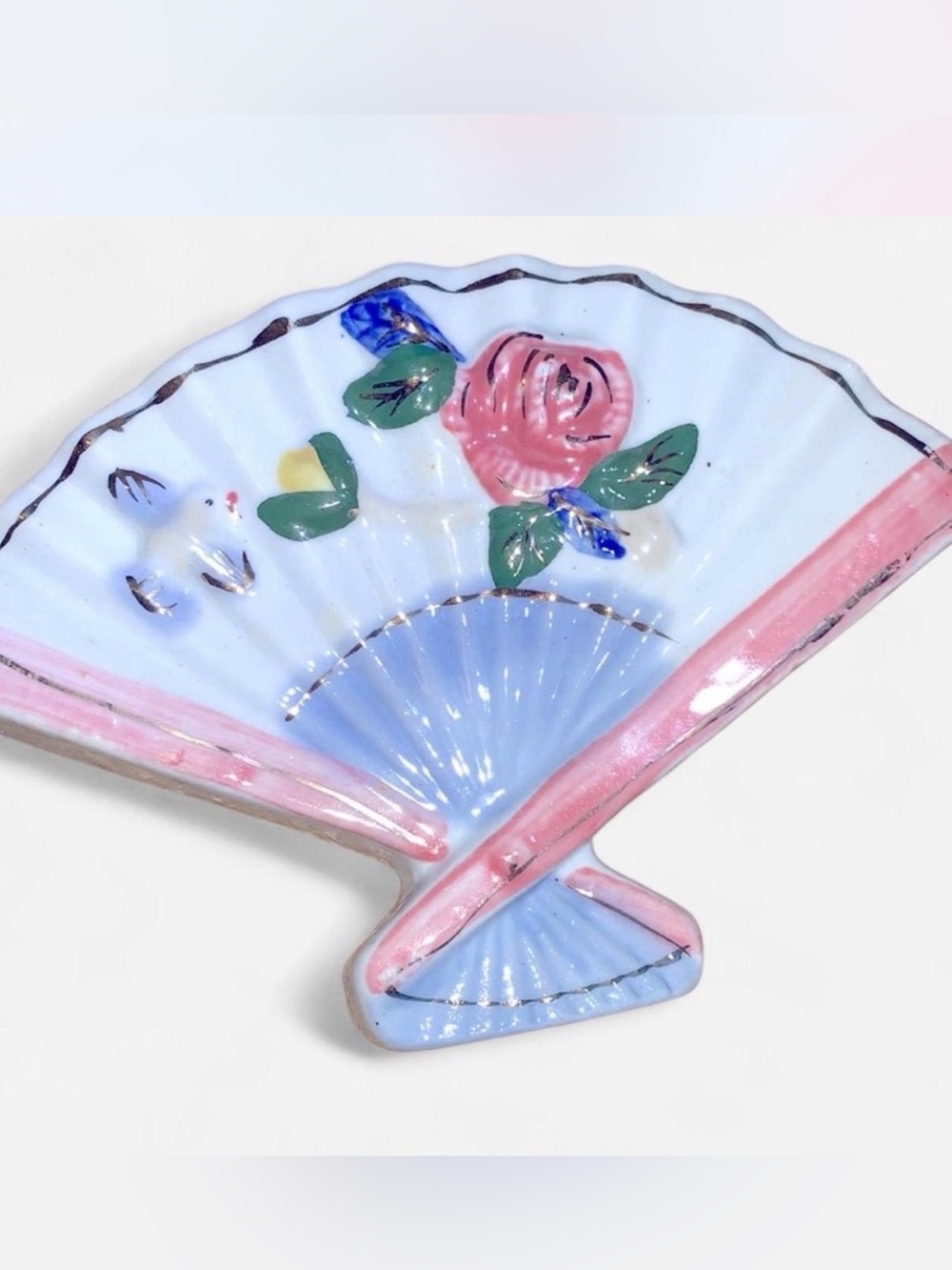 Vintage Hand Painted Lusterware Asian Fan Porcelain Wall Pocket Chintz